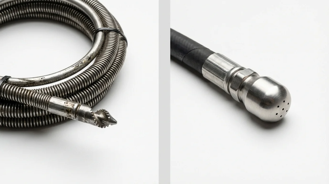 Drain snake cable and hydro jetting nozzle used for drain cleaning in Clinton, IA