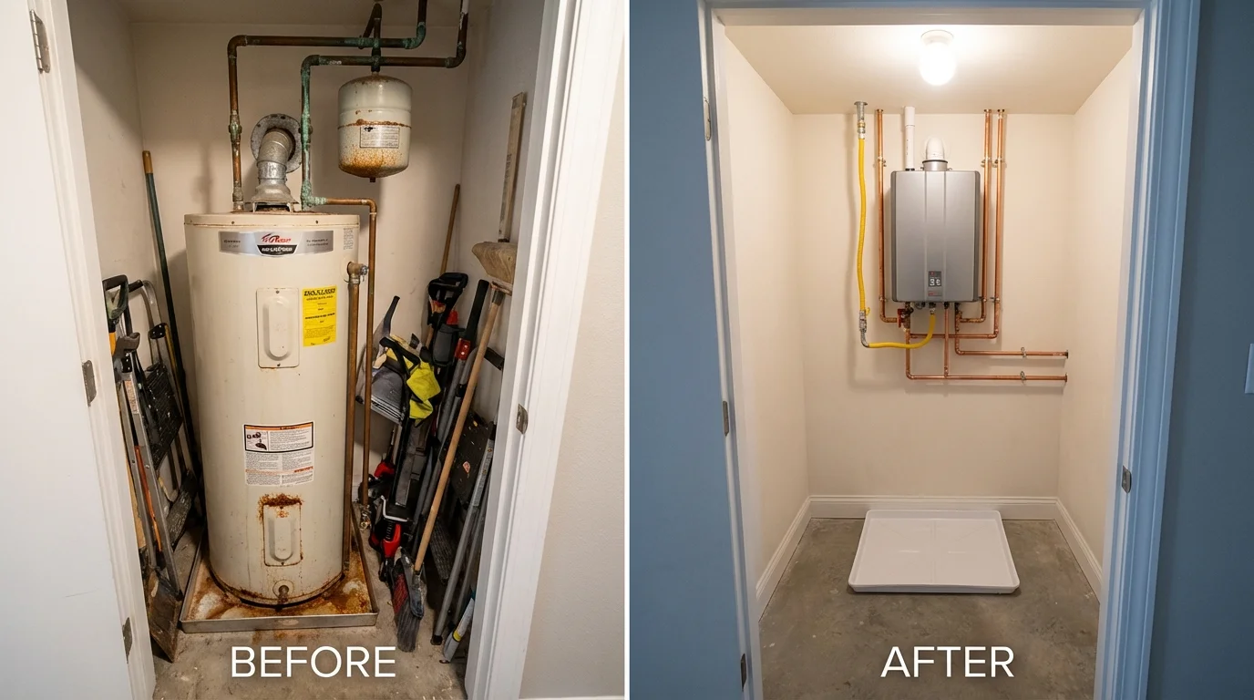 Tank water heater versus wall-mounted tankless unit comparison for Clinton, IA homeowners