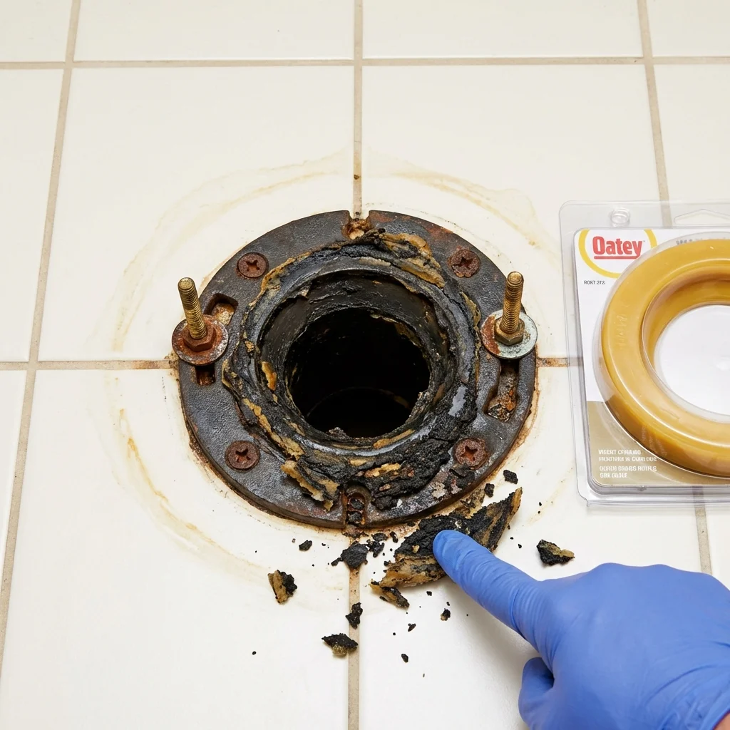 Failed wax ring showing water seepage at the base of a toilet in a Clinton, IA home