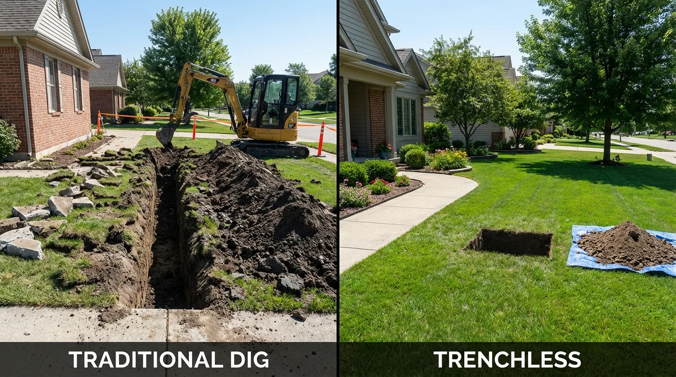 Trenchless sewer repair with minimal yard damage versus traditional excavation in Clinton, IA