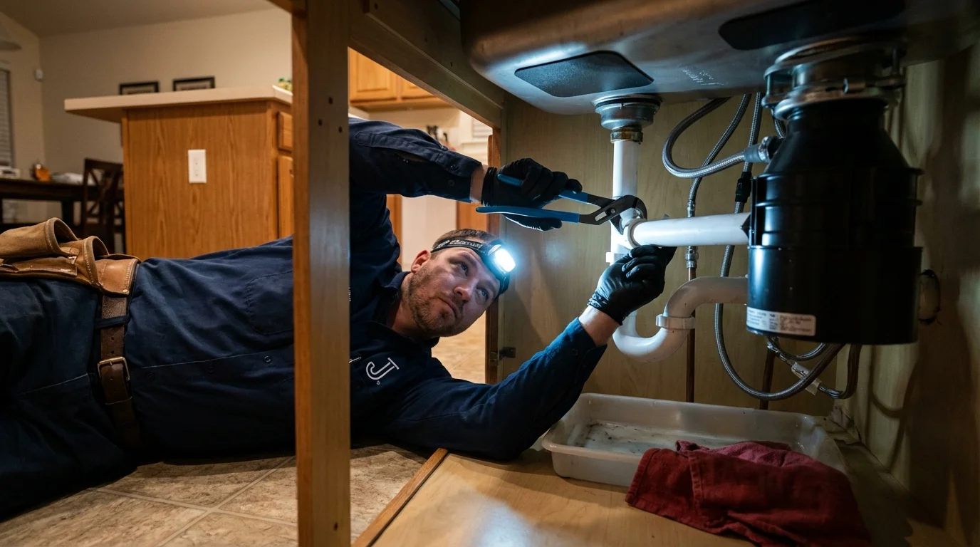 P-trap and supply line connections under a kitchen sink showing a common leak point in Clinton, IA
